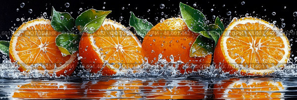 Fresh Orange Still Life in Water Splash, Design for print, card, poster. Стоковое AI-изображение, AI-художник Данила Большаков / Фотобанк Лори