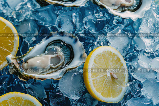 Fresh oysters with lemon slices resting on crushed ice. Стоковое AI-изображение, AI-художник Иван Рябоконь / Фотобанк Лори