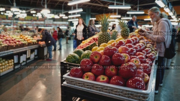Fresh produce vendors displaying colorful fruits, vegetables at crowded indoor market, highlighting diverse, nutritious food selection with vibrant merchandising arrangement. Стоковое AI-видео, аниматор Данил Руденко / Фотобанк Лори