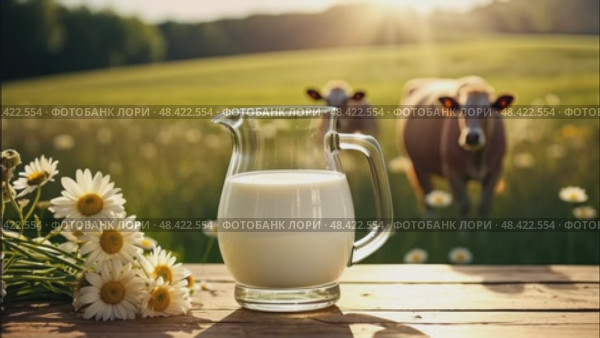 Fresh rustic cow's milk in a jug on a table against the background of a meadow where cows graze. AI generated. Стоковое AI-видео, аниматор Ольга Симонова / Фотобанк Лори