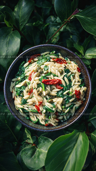 Fresh Spinach and Sun-Dried Tomato Orzo Salad Served in a Wooden Bowl. Стоковое AI-изображение, AI-художник Юлия Гапеенко / Фотобанк Лори