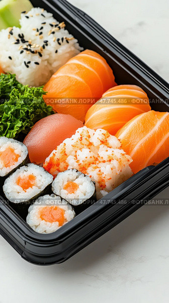 Fresh sushi bento with salmon, tuna, and rice garnished with seaweed and sesame seeds. Стоковое AI-изображение, AI-художник ФотоИнтеллект / Фотобанк Лори
