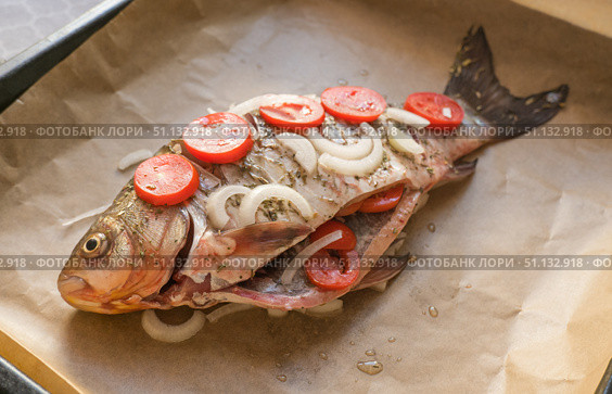 Fresh whole river crucian fish on parchment with tomatoes and spices ready for baking. Стоковое фото, фотограф Екатерина Золина / Фотобанк Лори