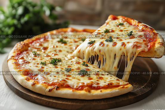 Freshly baked cheese pizza being served from wooden platter. Свежеиспеченная сырная пицца на деревянном блюде. Стоковое AI-изображение, AI-художник Katsiaryna Repich / Фотобанк Лори