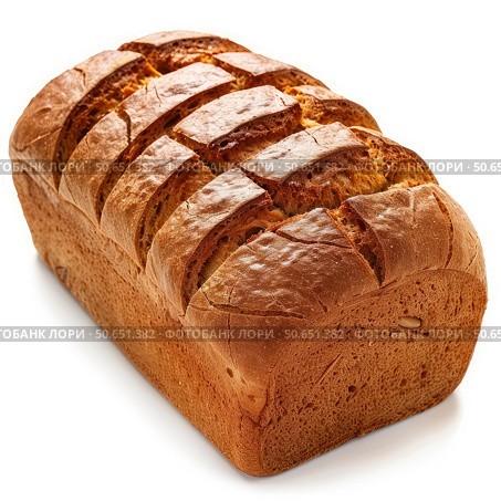 Freshly baked loaf of bread showing scoring marks on white background. Стоковое AI-изображение, AI-художник Иван Рябоконь / Фотобанк Лори