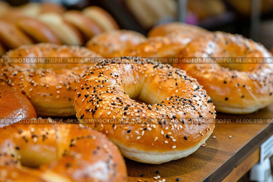 Freshly baked seeded bagels on display. Стоковое AI-изображение, AI-художник Иван Рябоконь / Фотобанк Лори