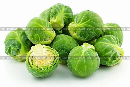Freshly harvested brussel sprouts piled on white background. Стоковое AI-изображение, AI-художник Иван Рябоконь / Фотобанк Лори