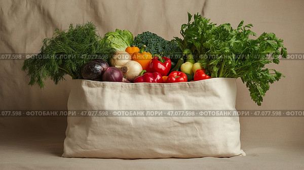 Freshly harvested vegetables in a natural fabric bag against a soft background. Разнообразные красочные, свежесобранные овощи заполняют большую сумку из натуральной ткани, красиво расположенную на мягком нейтральном фоне, демонстрируя их естественную свежесть. Стоковое AI-изображение, AI-художник Katsiaryna Repich / Фотобанк Лори