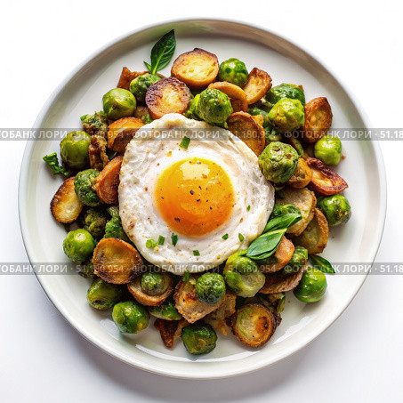Fried Egg and Brussels Sprout Hash on a White Plate. Generative AI. Стоковое AI-изображение, AI-художник Roman Zavorotny / Фотобанк Лори