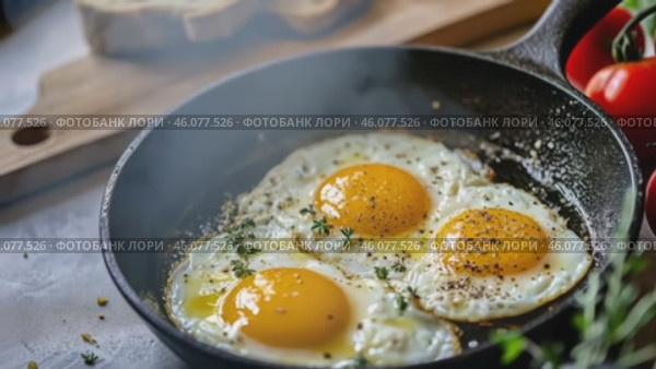 Fried Eggs in Frying Pan on a Black Concrete Table Surface with Cherry Tomatoes, Salt, Pepper and Rosemary. Top view. Healthy breakfast. Fried egg cooking in a cast iron skillet seasoned with herbs. Стоковое AI-видео, аниматор Марина Демидюк / Фотобанк Лори