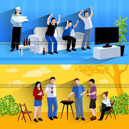 Friends buddies 2 flat banners composition. Friends watching tv  football match and barbecuing together 2 flat horizontal banners composition abstract isolated vector illustration. Стоковая иллюстрация, агентство Ingram Publishing / Фотобанк Лори