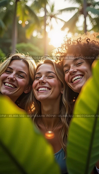 Friends celebrate summer getaway in lush tropical setting with laughter and smiles amidst vibrant greenery. Tropics are climatic zones of Earth in which Sun is at its zenith at least once year. AI. Стоковое AI-изображение, AI-художник Юлия Петровская / Фотобанк Лори