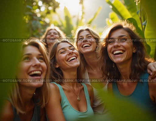 Friends celebrate summer getaway in lush tropical setting with laughter and smiles amidst vibrant greenery. Tropics are climatic zones of Earth in which Sun is at its zenith at least once year. AI. Стоковое AI-изображение, AI-художник Юлия Петровская / Фотобанк Лори