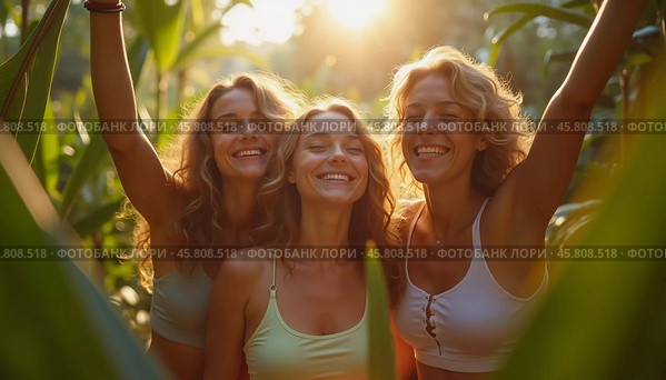 Friends celebrate summer getaway in lush tropical setting with laughter and smiles amidst vibrant greenery. Tropics are climatic zones of Earth in which Sun is at its zenith at least once year. AI. Стоковое AI-изображение, AI-художник Юлия Петровская / Фотобанк Лори
