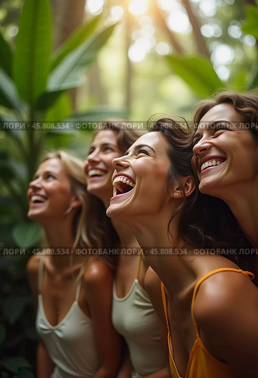 Friends celebrate summer getaway in lush tropical setting with laughter and smiles amidst vibrant greenery. Tropics are climatic zones of Earth in which Sun is at its zenith at least once year. AI. Стоковое AI-изображение, AI-художник Юлия Петровская / Фотобанк Лори