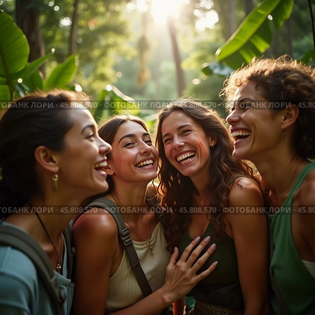 Friends celebrate summer getaway in lush tropical setting with laughter and smiles amidst vibrant greenery. Tropics are climatic zones of Earth in which Sun is at its zenith at least once year. AI. Стоковое AI-изображение, AI-художник Юлия Петровская / Фотобанк Лори