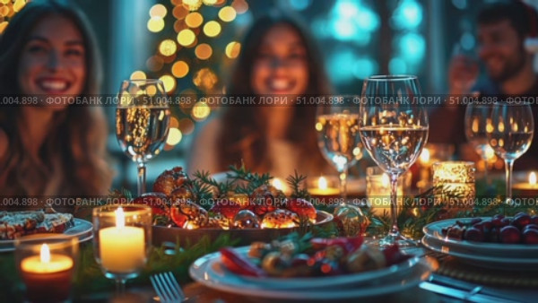 Friends celebrate the festive season together, enjoying a beautifully arranged dinner with drinks and warm candlelight in a cozy atmosphere. Стоковое AI-видео, аниматор Данила Большаков / Фотобанк Лори