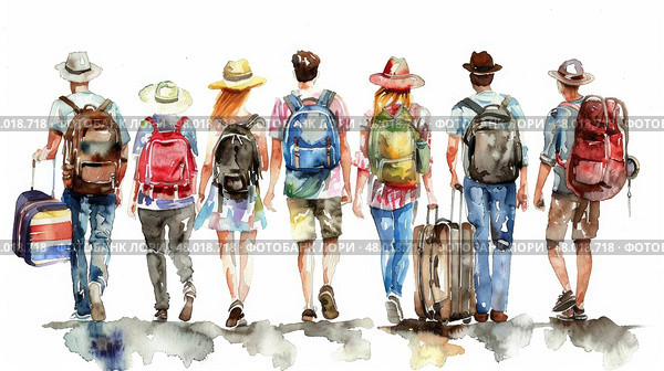 Friends enthusiastically embark on a journey with backpacks and bags under a clear blue sky. Стоковое AI-изображение, AI-художник Данила Большаков / Фотобанк Лори