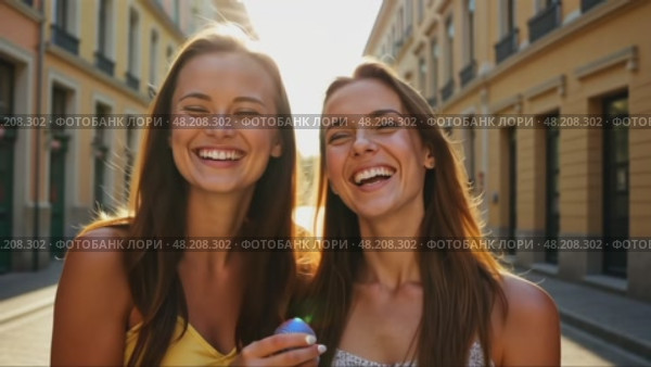 Friends laughing together on a sun-drenched European street, historic buildings casting soft shadows, light breeze moving their long hairs. Стоковое AI-видео, аниматор Sergey Grishin / Фотобанк Лори