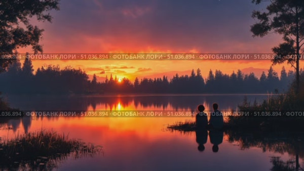 Friends share a quiet moment by the lakeside as the sun sets, casting beautiful colors across the sky and water, creating a tranquil atmosphere. Стоковое AI-видео, аниматор Данила Большаков / Фотобанк Лори