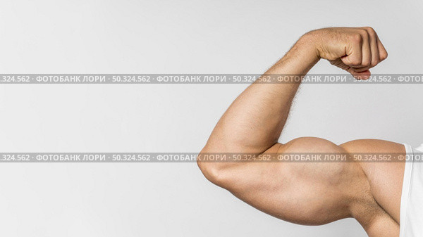 front view fit man showing bicep with copy space. Стоковое фото, агентство Ingram Publishing / Фотобанк Лори