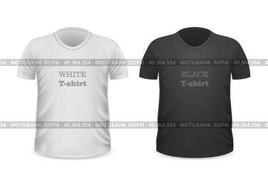 Front View White and Black T-Shirts Isolated. Front view white t-shirt and black t-shirt isolated on white. Realistic t-shirt vector in flat style. Popular colors t-shirt collection. Casual wear. Cotton unisex polo outfit. Fashionable apparel. Стоковая иллюстрация, агентство Ingram Publishing / Фотобанк Лори