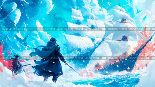 Frost Battle: Frozen Waters Collision, Sword Clash, Warrior's Stand, Epic Naval Confrontation. Стоковое AI-изображение, AI-художник Данила Большаков / Фотобанк Лори
