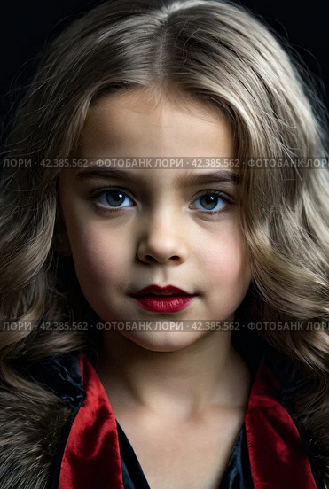 Frowning vampire in cloak posing near chest in underground castle dark room, severe looking at camera. Child girl actress in Dracula image poses indoors. Theatre performing concept. Copy ad text space. Стоковое AI-изображение, AI-художник Aleksandr Golubev / Фотобанк Лори