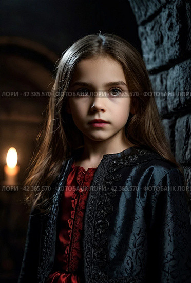 Frowning vampire in cloak posing near chest in underground castle dark room, severe looking at camera. Child girl actress in Dracula image poses indoors. Theatre performing concept. Copy ad text space. Стоковое AI-изображение, AI-художник Aleksandr Golubev / Фотобанк Лори