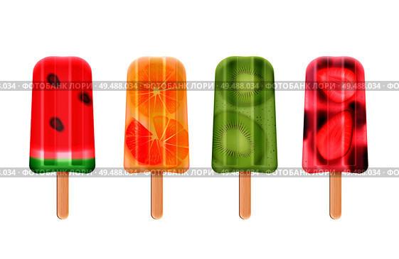 Fruit popsicles ice cream realistic set of isolated frozen stick confection images on blank background vector illustration. Стоковая иллюстрация, агентство Ingram Publishing / Фотобанк Лори