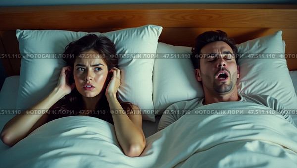 Frustrated woman trying to sleep next to snoring partner. Стоковое AI-изображение, AI-художник Андрей Бакусов / Фотобанк Лори