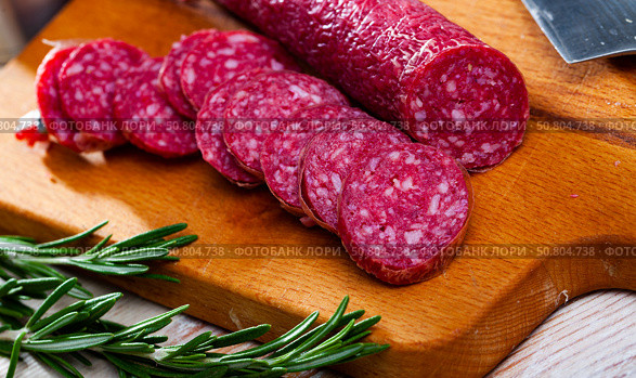 Fuet nobleza, traditional spanish sausage. Стоковое фото, фотограф Яков Филимонов / Фотобанк Лори