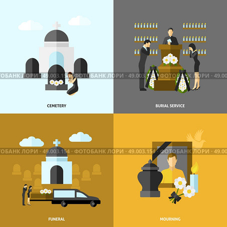 Funeral design concept set with cemetery and mourning flat icons isolated vector illustration. Funeral Flat Set. Стоковая иллюстрация, агентство Ingram Publishing / Фотобанк Лори