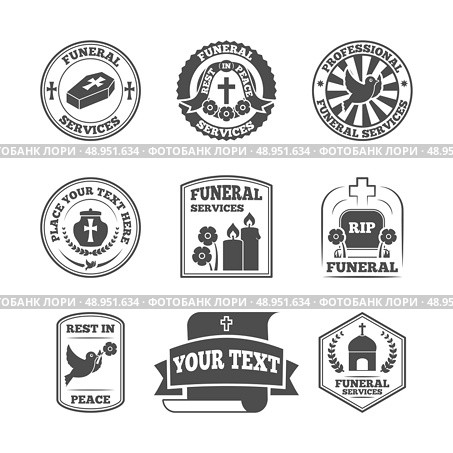 Funeral home undertaking ceremonial service fill in templates labels set with coffin candle pigeon vector isolated illustration. Стоковая иллюстрация, агентство Ingram Publishing / Фотобанк Лори