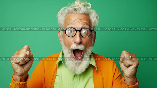 Funky crazy grandpa hands raised up see discount low shopping prices wear orange jacket and mint shirt and glasses isolated bright green pastel background. Very exited grey haired senior fists up. Стоковое AI-изображение, AI-художник Sergey Grishin / Фотобанк Лори