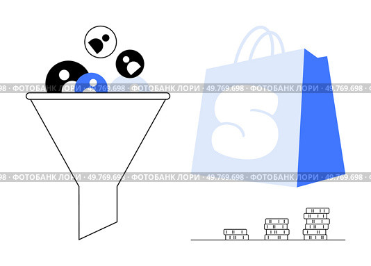 Funnel directing simple shapes, blue shopping bag and stacked coins representing business processes. Ideal for marketing, sales, business strategy, customer conversion, financial growth. Minimalist. Funnel with various elements, shopping bag, and stacks of coins reflecting business concepts. Стоковая иллюстрация, агентство Ingram Publishing / Фотобанк Лори