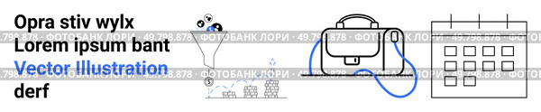 Funnel with gear and icons, ascending chart with bars and line, briefcase with handle, square calendar. Ideal for business strategy, digital marketing, productivity tools, growth analysis, events. Marketing Funnel, Business Growth Chart, Briefcase, and Calendar Icons for Business Solutions. Стоковая иллюстрация, агентство Ingram Publishing / Фотобанк Лори