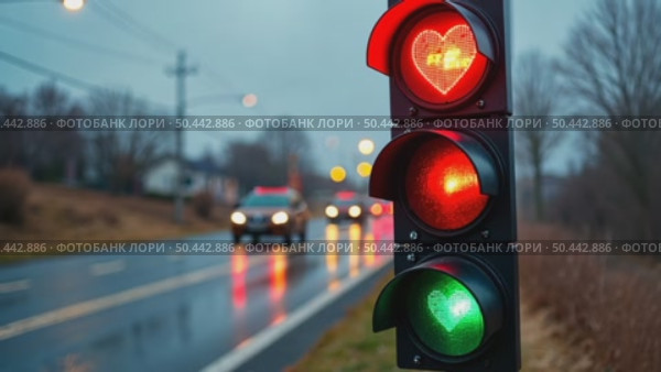 Funny and conceptual traffic light on road crossing, Iceland changes from green to red. The stop signal in shape of heart. Concept relationship, romantic date and tenderness. St Valentine vibes. Стоковое AI-видео, аниматор Sergey Grishin / Фотобанк Лори