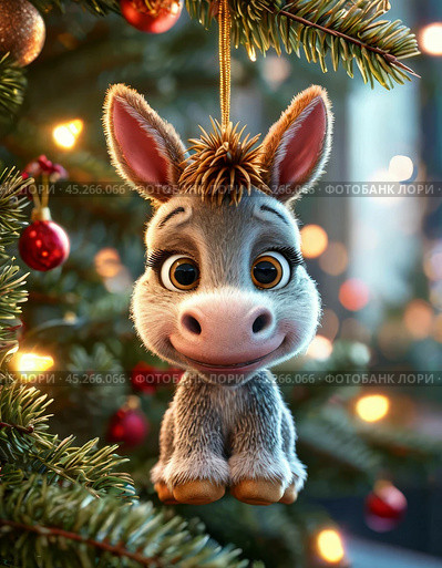 Funny donkey, colorful Christmas tree toy. New Year's decor. Festive New Year's atmosphere. Стоковое AI-изображение, AI-художник Сергей Елизарьев / Фотобанк Лори