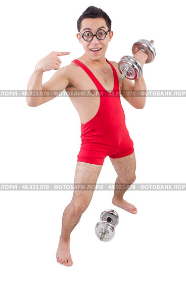 Funny guy exercising with dumbbells on white. Стоковое фото, агентство Ingram Publishing / Фотобанк Лори