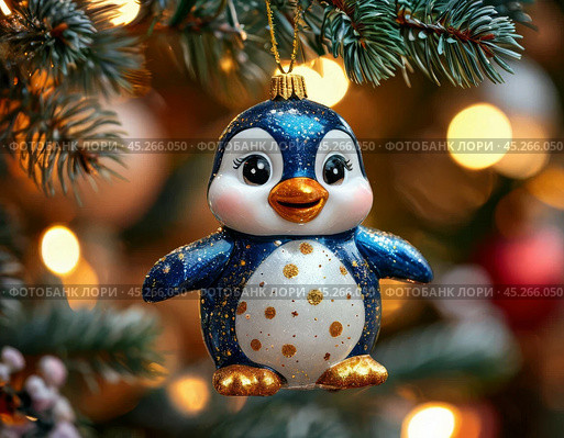 Funny penguin on the tree, bright Christmas tree toy. New Year's decor. Festive New Year's atmosphere. Стоковое AI-изображение, AI-художник Сергей Елизарьев / Фотобанк Лори
