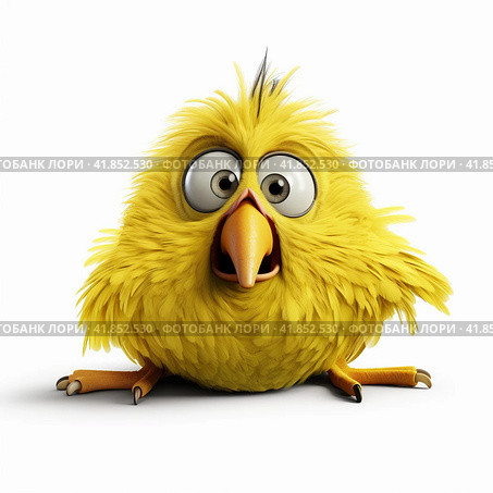 Funny yellow bird on a white background. Стоковое AI-изображение, AI-художник Анна Кривицкая / Фотобанк Лори