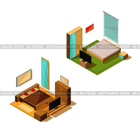 Furniture isometric set of two bedroom interiors with double bed tv set mirror and bedside table vector illustration. Room Furniture Design Collection. Стоковая иллюстрация, агентство Ingram Publishing / Фотобанк Лори