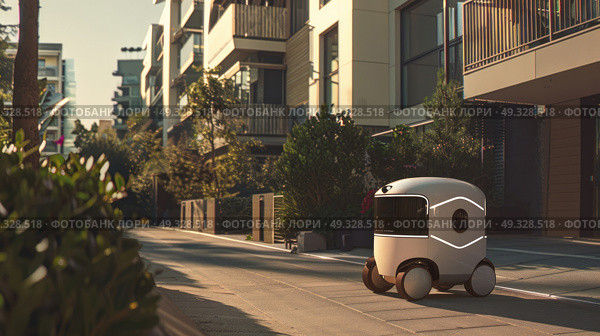 Future of urban logistics, compact robot delivery maneuvering between apartment buildings. Стоковое AI-изображение, AI-художник Светлана Леуто / Фотобанк Лори