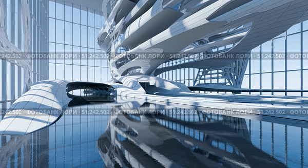 Futuristic architecture interior with parametric abstract structure, modern white building with large windows and reflection in water, 3d render illustration. Стоковое AI-изображение, AI-художник Павел Муравьев / Фотобанк Лори