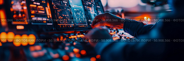 Futuristic Control Room Operation: A Human Operator Manipulating Advanced Technological Equipment Interface. Стоковое AI-изображение, AI-художник Данила Большаков / Фотобанк Лори