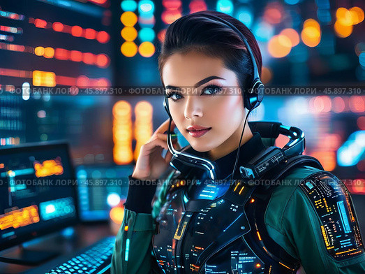 Futuristic girl working in a call center. Стоковое AI-изображение, AI-художник Ульянов Александр / Фотобанк Лори