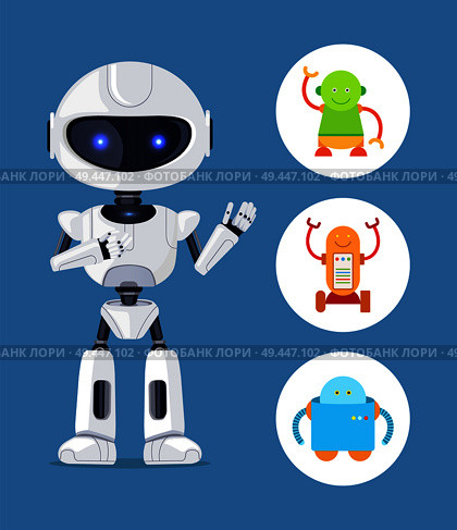 Futuristic humanoid and small mechanic robots set. Powerful multifunctional robot to help human and compact models isolated vector illustrations set.. Futuristic Humanoid and Small Mechanic Robots Set. Стоковая иллюстрация, агентство Ingram Publishing / Фотобанк Лори