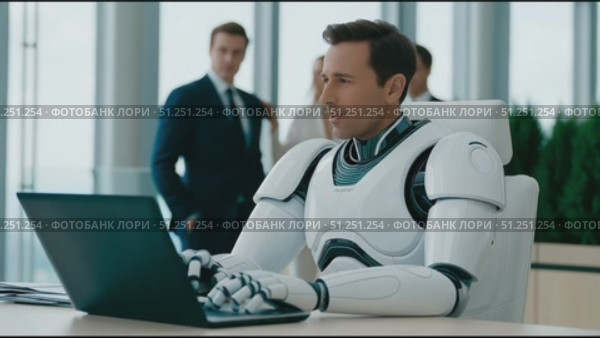 Futuristic humanoid robot with sleek design is working on a laptop in a modern office environment, surrounded by business professionals, showcasing advanced technology and collaboration. Стоковое AI-видео, аниматор Ирина Ручушкина / Фотобанк Лори