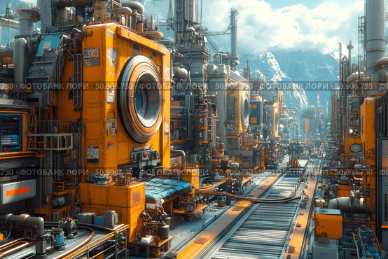 Futuristic industrial zone in the mountains — an image of a high-tech factory with elements of science fiction. Huge industrial installations, bright yellow cases, pipes, cables and complex mechanisms create an atmosphere of a technological future. In the background there is a mountain range and a blue sky. Ideal for themes of future industry, innovation, automation and science fiction. Стоковое AI-изображение, AI-художник Анна Кривицкая / Фотобанк Лори